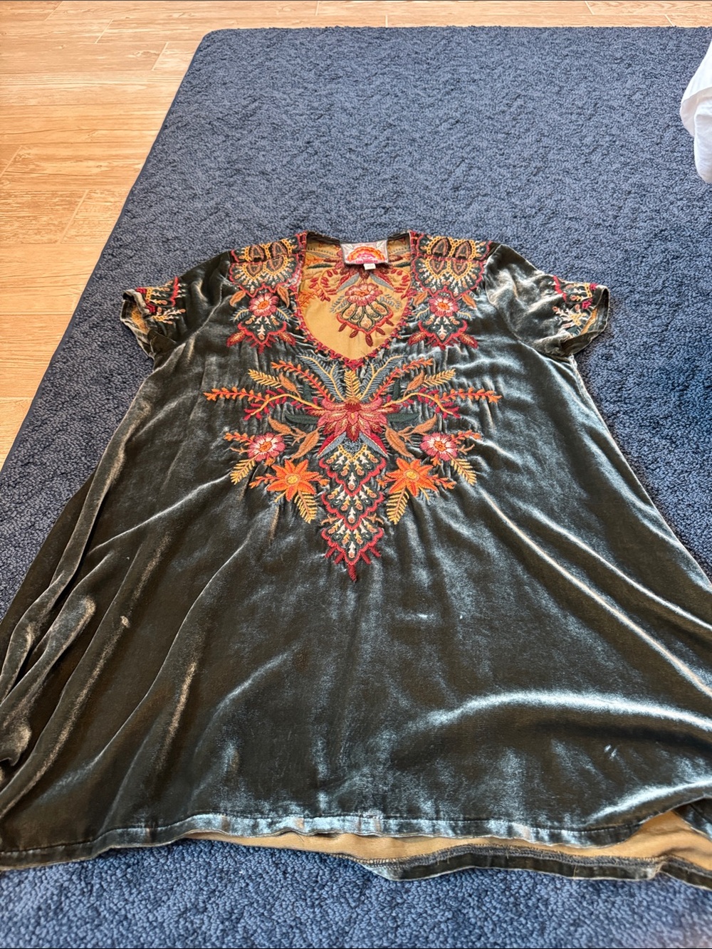 Johnny Was Velvet Embroidered V-Neck Women's Top in teal Green